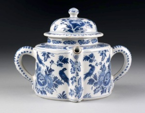 Posset pot, Netherlands, Late 17th or early 18th century, Tin-glazed earthenware painted in blue V&A Museum no. 3841-1901[1] Victoria and Albert Museum, London